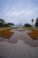 Early morning sunrise over the war memorial in Kings Park. Beautiful golden light is hitting the empty monuments. 