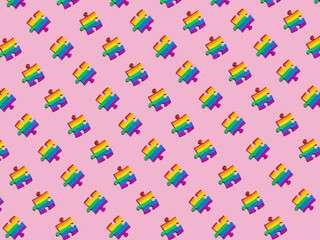 THE LGBT symbol on a pink background puzzles decorated with symbols of flowers. 