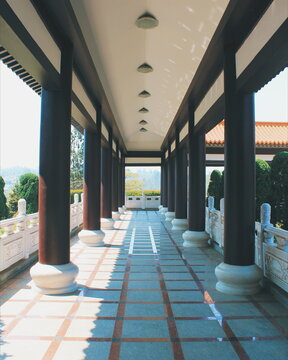 Zulai temple corridor with columns, located in Cotia, metropolitan region of Sao Paulo, Brazil
