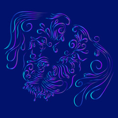 abstract shaggy fluffy head portrait face of dog and puppy muzzle with long ears of an animal with long thin curly hair of blue pink on a purple background