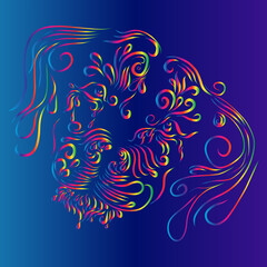 Fototapeta premium abstract shaggy fluffy head portrait face of a dog and puppy's muzzle with long ears of an animal with long thin curled hair of blue and pink and red and yellow and green