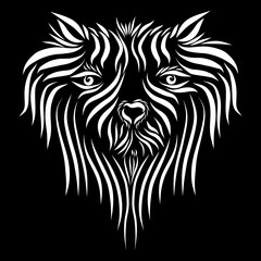 abstract shaggy fluffy head portrait face of a dog and puppy muzzle with thin white hair on a black background