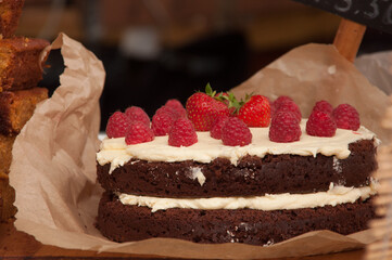 chocolate cake with strawberries and raspberries