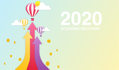 Economic recovery concept arrow up to the sky with air balloon and coins