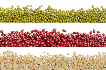 border of mung beans, red beans and barley seeds isolated on white background