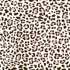 Leopard print seamless pattern with bright pink and black spots on white background. Animal print seamless repeat pattern for interior design, fashion, textiles, packaging.