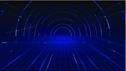 Dots, lines and planes form perspective space channels, tunnels, Internet technology
