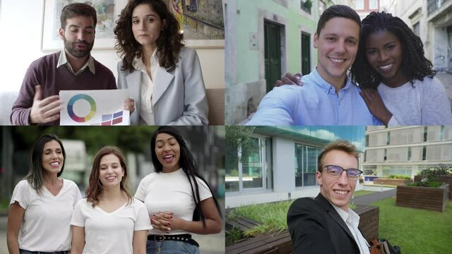 Designer couple presenting project to customers through conference call. Cheerful couple and friends enjoying leisure outside. Pov shot, multiscreen montage, collage portraits. Communication concept