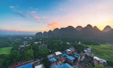 Summer sunrise landscape of Dongshan Village, Qifeng Town, Yanshan District, Guilin, China