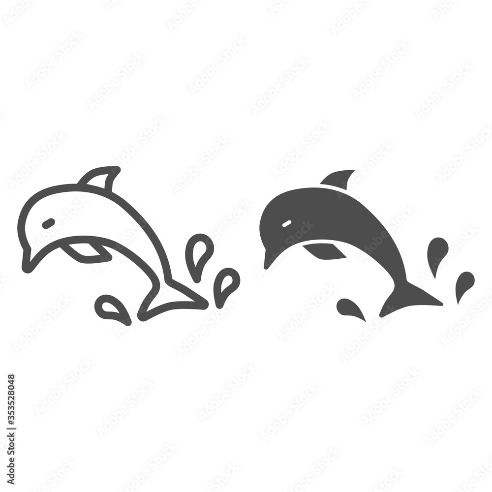 Poster dolphin line and solid icon, marine concept, dolphin jumping with splashes of water sign on white ba