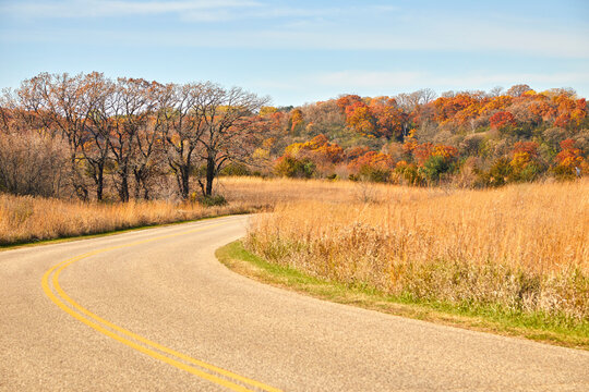 Curvy road in the middle of an autumn field in late October in northern Minnesota
