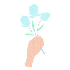 Fototapeta na wymiar White skin hand holding blue flowers. Isolated hand holding bouquet. Vector illustration
