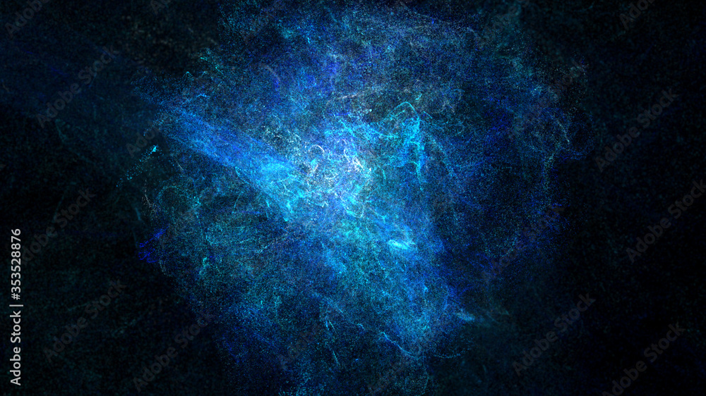 Poster Futuristic colorful particles explosion shock wave flowing in cyber space de-focus abstract background