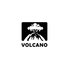 Volcano in a rectangle, silhouette style. Nature disaster eruption with smoke and clouds in the sky. Isolated vector illustration