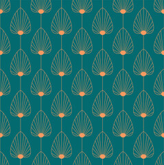 Vintage elegant Art Deco style seamless pattern with copper floral/fan shape motifs on dark green background. Orange and teal colored art deco repeat vector pattern.