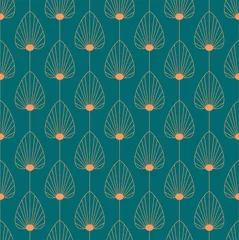 Behang Bloemenprints Vintage elegant Art Deco-stijl naadloos patroon met koperen bloemen/waaiervormmotieven op donkergroene achtergrond. Oranje en blauwgroen gekleurde art deco vector herhalen patroon.
