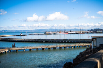 View on Aquatic park and pier from Black point, Fort Mason, San Francisco. Hyde street harbor and pier
