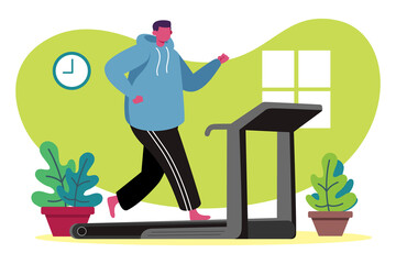 Man Doing Treadmill In The Living Room with Flowers, Colorful Flat Illustration