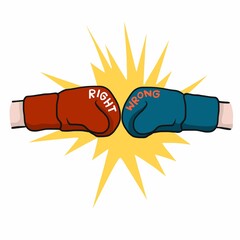 Boxing fighting between right and wrong cartoon vector illustration
