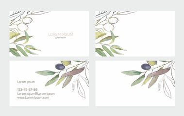 Oliva business card business card. white background. leaves. green. pink. minty