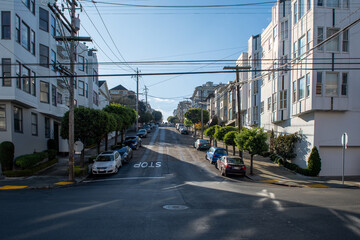 Fototapeta na wymiar Typical houses and hills in Marina neighbourhood, San Francisco, California