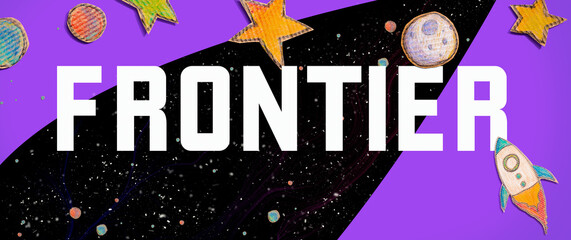 Frontier theme with space background with a rocket, moon, stars and planets