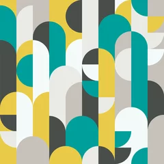 Behang Abstracte retro stijl naadloze vector patroon met geometrische vormen gekleurd in geel, groen en grijs. Modern geometrisch patroon voor textiel, mode, inpakpapier, behang. © Moab Republic