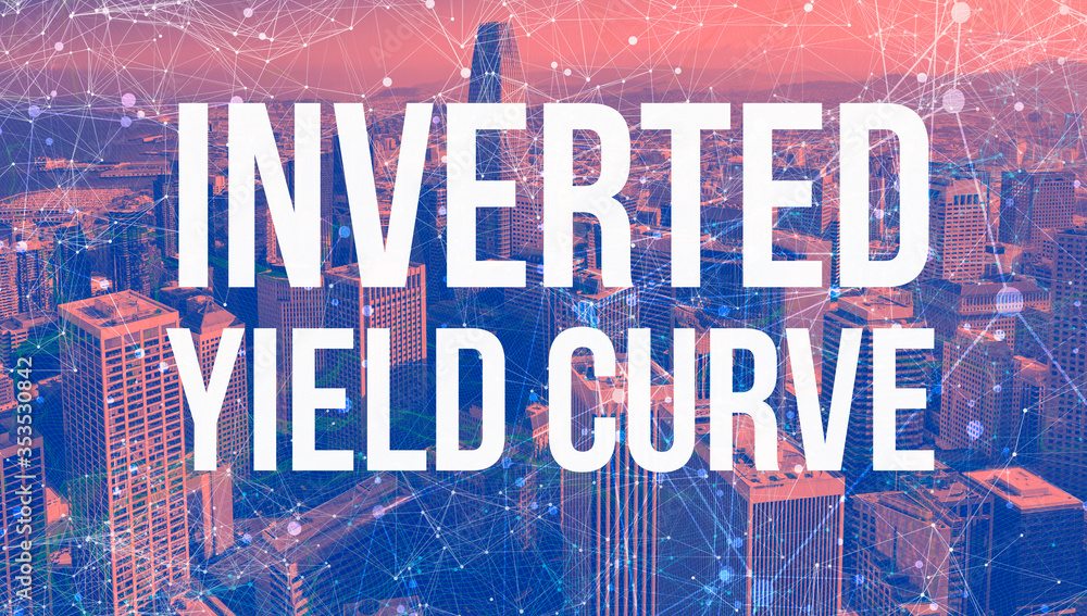 Poster inverted yield curve theme with abstract network patterns and downtown san francisco skyscrapers