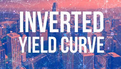 Inverted Yield Curve theme with abstract network patterns and downtown San Francisco skyscrapers