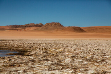 Salt Patches on the Desert Ground with Some Water and Mountains on a Clear Blue Sky Day