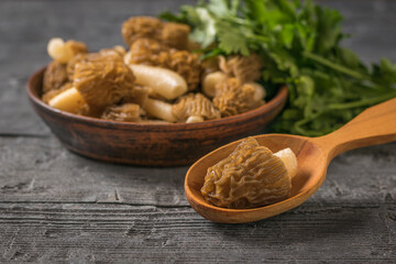 A bowl of morels and a Morel in a wooden spoon on the table.