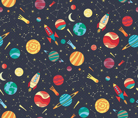 Seamless vector pattern with colorful hand drawn spaceships, planets and stars. Astronomy themed pattern for wallpaper, textiles, kids prints. Schools and science design.