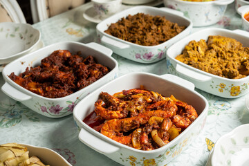 Malaysian local traditional food, lemang, ketupat, ketupat palas and other eat during eid mubarak or known as Hari Raya Aidilfitri celebration. Eat together with curry or rendang.
