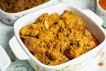 Malaysian local traditional food, lemang, ketupat, ketupat palas and other eat during eid mubarak or known as Hari Raya Aidilfitri celebration. Eat together with curry or rendang.