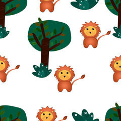 Cute pattern animal wild lion and owl  with tree