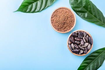Cacao powder and whole cacao beans in wooden bowls with original fresh leaves on blue.