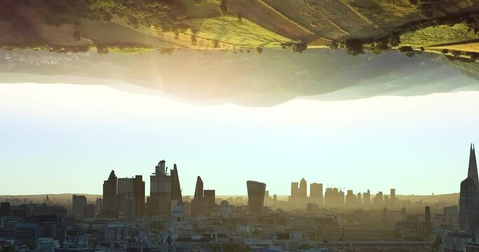 4k drone footage of two contrast ideas of nature and urban city life.
