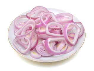 Sliced red onion in plate on white background