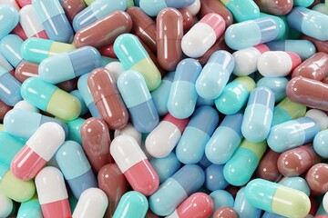 Closeup of multi colored pills from above, 3d rendering