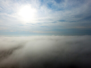 Aerial view saburb landscape (drone image). with the morning fog. Near Kiev