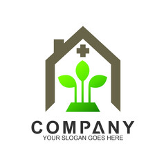 house logo, house with leaf shape, green building, health home