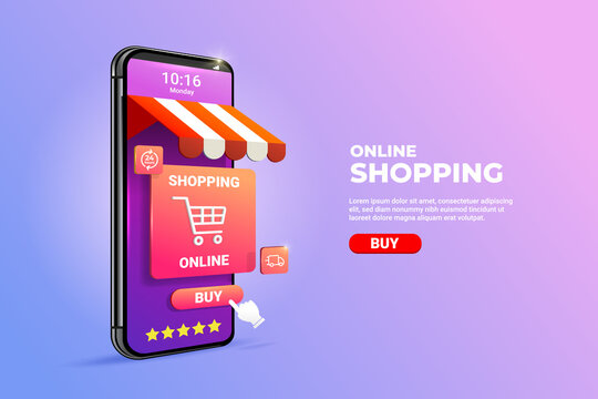 Shopping Online on Mobile phone Application Concept illustration and Digital marketing promotion. 3d smartphone with store cart icon on Horizontal view.