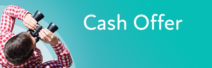 Fototapeta premium Cash Offer. Businessman (man) looks through binoculars. Birds eye view. Focus on text. Blue Background. Business, Finance, Statistics, Analysis, Economy