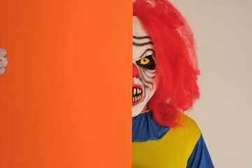 Fototapeta premium Halloween holiday concept. Evil clown with an orange sheet of paper in his hands.copy space.Portrait of a scary evil clown on white background. 