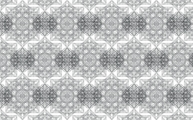 Black complex outline of interconnecting lines and shapes makes an intricate repeating pattern on a white background, vector illustration geometric design