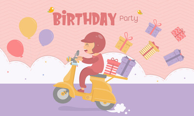 The boy is driving the scooter, delivering presents and balloons to the birthday party. Vector illustration. Party invitation card. Birthday party set cartoon.
