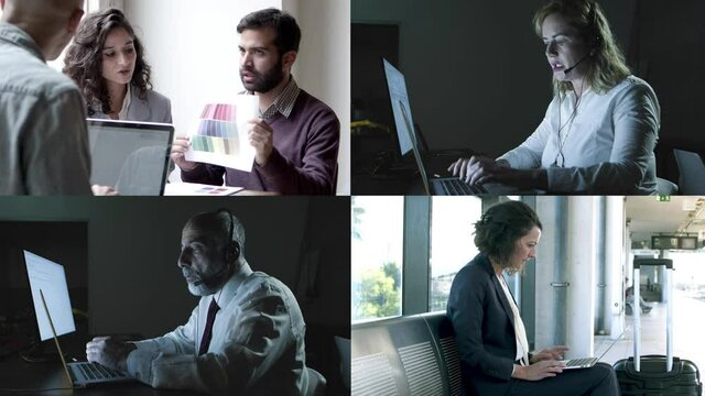 Managers working with customer online, offline and on phone. Call center operators, designer and client meeting, woman with laptop. Multiscreen montage, collage portraits. Communication concept