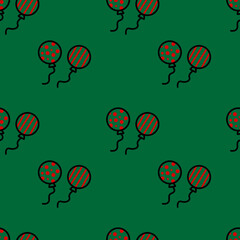Seamless pattern of a white and red balloon on a green background. Hand drawing vector doodle icons of the Christmas element. Repeating backdrop concept for paper printing, page fill, and brochure.