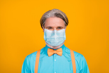 Close-up portrait of his he funky guy hipster gentleman wearing gauze mask flu flue influenza...