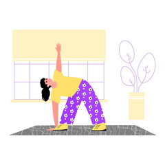 Woman cartoon character engaged with sport activity at home flat vector illustration isolated on white background. Home workout and active healthy lifestyle.